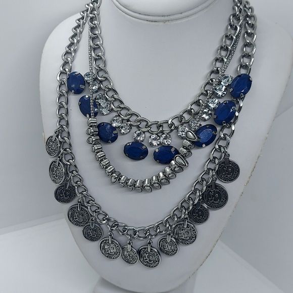 Silver Tone Layered Coin Dangle Necklace - Picture 1 of 7